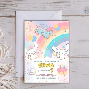 Rainbow-themed cat birthday invite with adorable kitten illustrations, perfect for a pet-themed kids’ celebration.