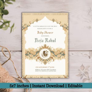 Convite editável para chá de bebê indiano, modelo de cartão comemorativo de Godh Bharai, convite para evento cultural tradicional, convite para chá de bebê hindu