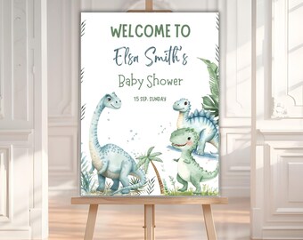 Panneau de bienvenue pour baby shower, thème dinosaure modifiable signe de fête pour bébé garçon, modèle numérique imprimable