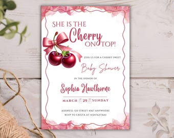 Cherry Baby Shower Invitation, Editable Cherry on top Invitation Template, Coquette Invitation, Pink Bow with Berries Baby Shower Invite