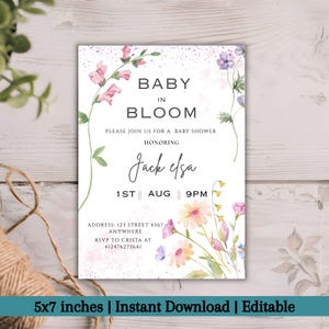 Editable Baby in Bloom Baby Shower Invitation, Wildflower Theme Invite, Pink Floral Spring Baby Shower Template, Digital Download