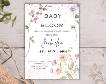 Editable Baby in Bloom Baby Shower Invitation, Wildflower Theme Invite, Pink Floral Spring Baby Shower Template, Digital Download