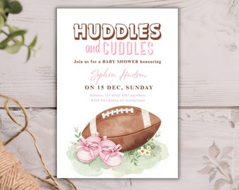 Invitación para baby shower de fútbol rosa / Invitación para niñas "Huddles & Cuddles" / Fiesta mixta para bebés / Descarga digital para Tailgate Touchdown