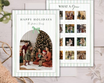 Editable Christmas Bow Strip Photo Collage Card Template, Modern Vertical Holiday Photo Card, Customizable Winter Greeting Design