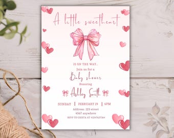 A Little Sweetheart Baby Shower Invitation, Pink Bow Baby Shower Invitation, Heart Baby Shower Invitation, Valentine Baby Shower Invite