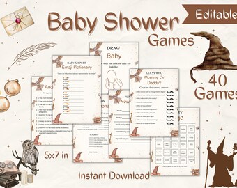 Puede incluir: Un conjunto de 40 juegos de baby shower imprimibles con un tema mágico de Harry Potter. Los juegos presentan ilustraciones de búhos, sombreros y libros. El texto "Baby Shower Games" está escrito en letras marrones sobre un fondo beige. El texto "Editable!" está escrito en letras marrones sobre un fondo beige. El texto "40 Games" está escrito en letras marrones sobre un fondo beige.