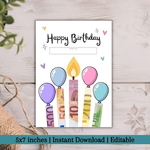 May include: A white birthday card with the words "Happy Birthday" in black script. The card features illustrated balloons and candles made of Euro banknotes. The card measures 12.7 x 17.8 cm.