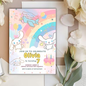 Colorful rainbow cat birthday invitation template with whimsical kitten illustrations, perfect for a fun-filled event.
