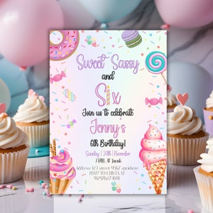 Sweet Sassy And Six Girl Birthday Party Invitation, 6th Girl Birthday Invitation, cotton candy donut ice cream cupcake, Pastel Confetti