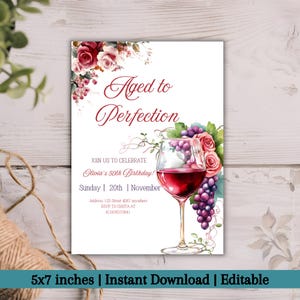 Aged to Perfection Invitation, Wine Birthday Invitation, Winery Invitation, Fine Like Wine, Floral, Printable editable Bourbon Birthday