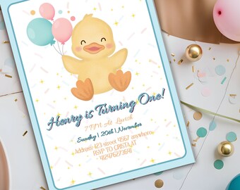 Duck Birthday Party Invitation, boy First Birthday Invite, Kids Birthday Invite, One Lucky Duck Birthday Invitation Template, 1st Birthday