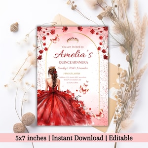 Rotgold Quinceamaßa Einladung, Blumen Mis Quince Anos, süßer 16 Geburtstag Blumengoldschmetterlinge Prinzessin Quinceamaßa Einladung, EDITIERBAR