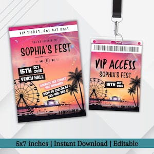 Könnte beinhalten: Eine rechteckige Einladung und ein vertikaler VIP-Zugangsausweis mit Schlüsselband, beide mit einem Festival-Sonnenuntergangs-Motiv, Riesenrad, Palmen und Bühne. Der Text umfasst VIP TICKET: ONE DAY ONLY, SOPHIA'S FEST, 15TH OCT 2026, VENCY HALL und RSVP-Details.
