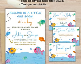 Reeling In A Little One Soon Baby Shower Invitation Bundle, Editable Fishing Baby Shower Invitation Template, Outdoor Baby Shower Invite