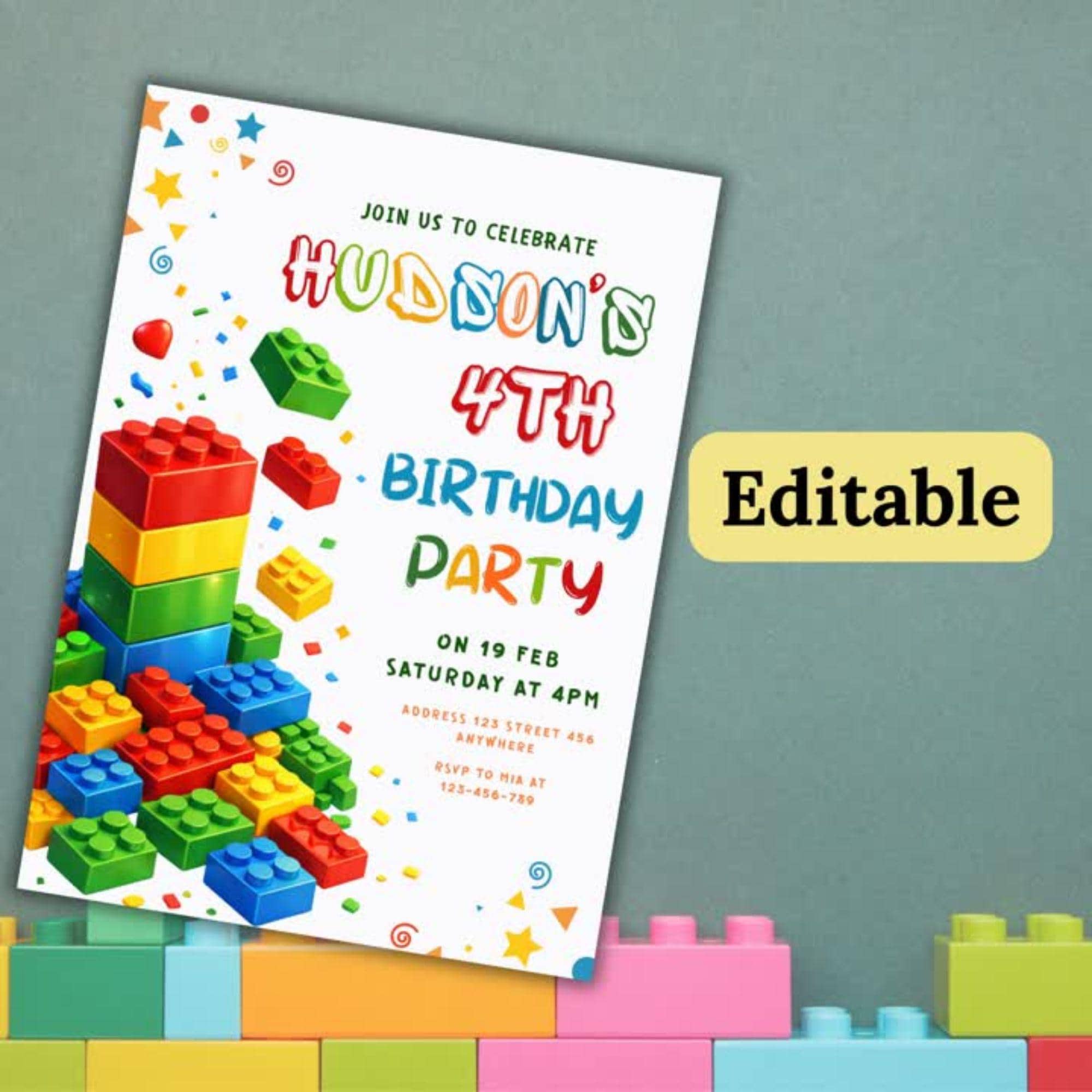 Editable Building Blocks Birthday Invitation Template, Colorful Block ...