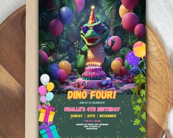 May include: A birthday invitation featuring a cartoon dinosaur wearing sunglasses and a party hat, surrounded by balloons and a cake with lit candles. The invitation text reads "Dino Four!" and includes party details.