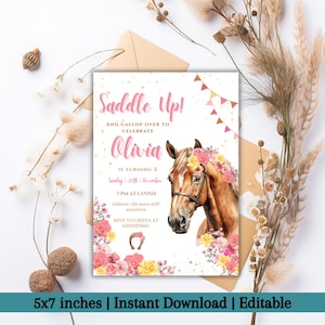 Editable Horse Birthday Invitation, Girl Saddle Up Invite, Cowgirl Party Horse Invite, Pink Floral Farm Birthday Invitation,Instant Download