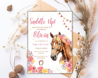 Editable Horse Birthday Invitation, Girl Saddle Up Invite, Cowgirl Party Horse Invite, Pink Floral Farm Birthday Invitation,Instant Download