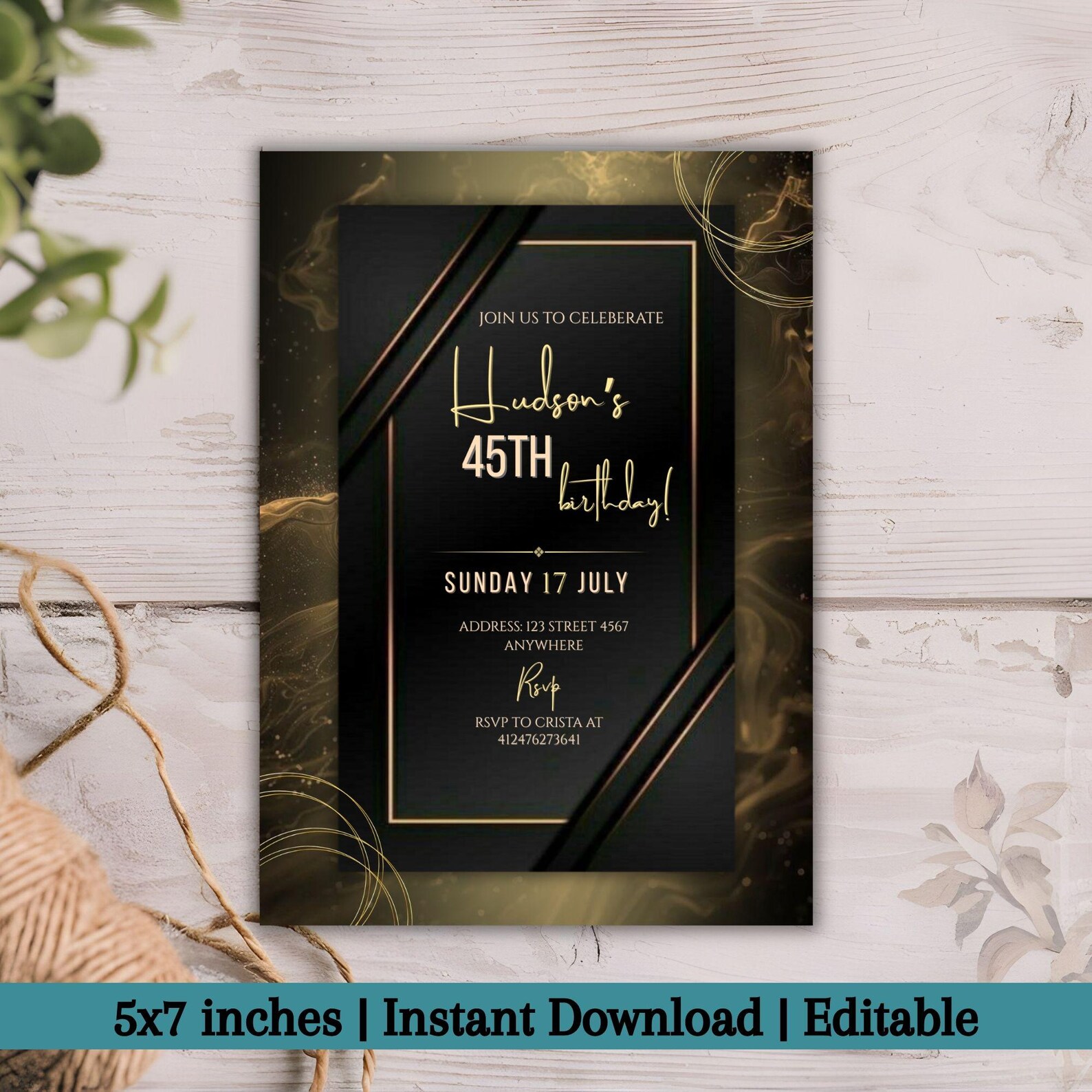 Editable Black and Gold Birthday Invitation | Luxury Marble Party ...