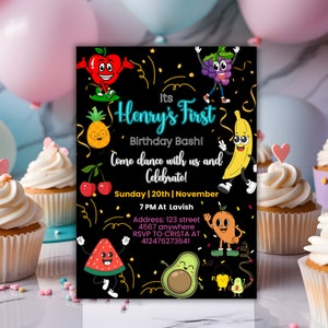 Dancing Fruit Birthday Invitation, Sensory Invitation, kawaii Party Invite Template, Tropical  Summer Birthday Invitation, gender neutral