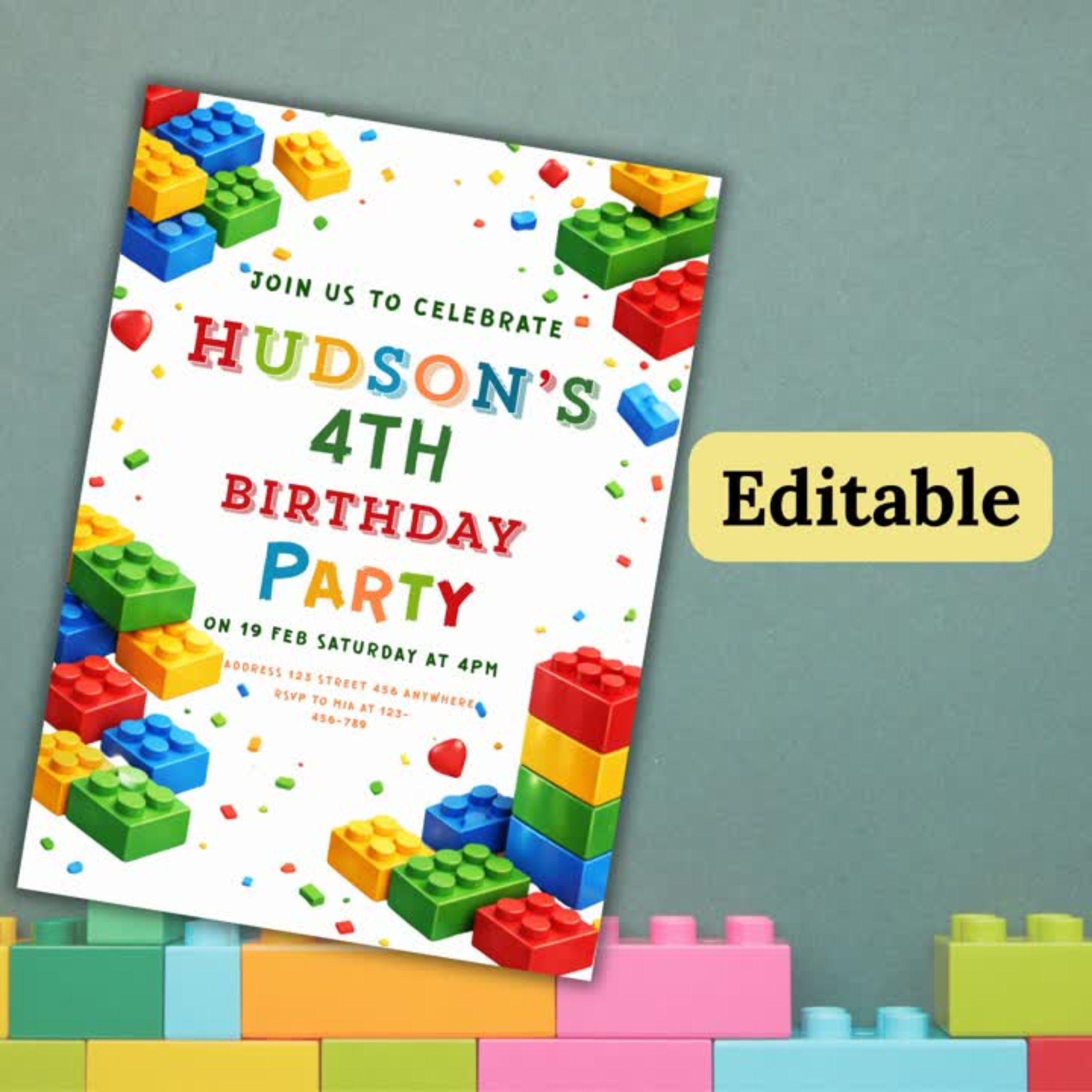 Editable Building Blocks Birthday Invitation Template, Colorful Block ...