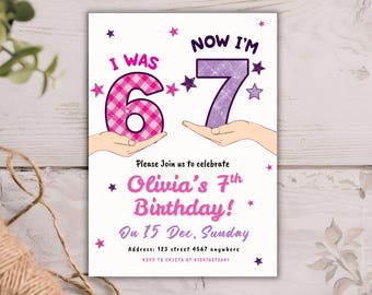6歳から7歳の女の子の誕生日招待状 | 面白い6～7歳のミームパーティー招待状 | 編集可能な子供の誕生日テンプレート | 印刷可能なデジタルダウンロード
