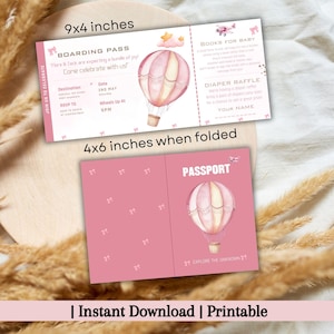 Convite para chá de bebê com cartão de embarque, convite para chá de bebê Journey Begins – tema de viagem editável com balão de ar quente e elementos de avião