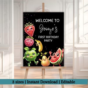 Hey Bear Sensory Welcome Sign, Dancing Fruit Birthday Welcome Sign, Hey Bear Birthday, Editable Canva Template