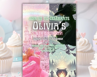 Wicked Theme Birthday invitation, Green and Pink Wicked Musical & Witches  Party Invite, Wicked Broadway Party Invitation Template, Editable