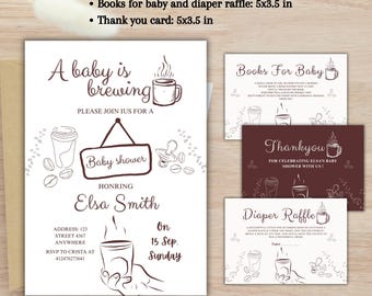 Editable Baby Shower Invitation Bundle | Coffee Theme Baby Shower Templates | Baby is Brewing Invite with Hand Drawn Coffee Beans
