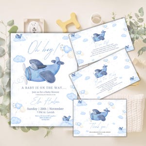 Bearbeitbare blaue Flugzeug-Babyparty-Einladung, Reise-Thema-Babyparty-Einladung, auf und weg reisen Abenteuer-Babyparty-Einladung Templ