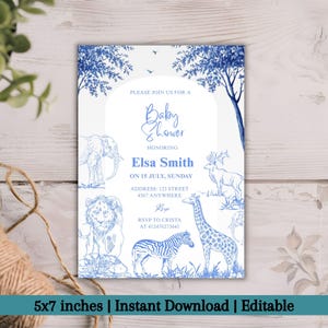 Blue Toile Safari Baby Shower Invitation, Editable Dusty Blue Baby Boy Shower Template, Safari Animal Digital Download Invite