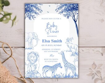 Blue Toile Safari Baby Shower Invitation, Editable Dusty Blue Baby Boy Shower Template, Safari Animal Digital Download Invite