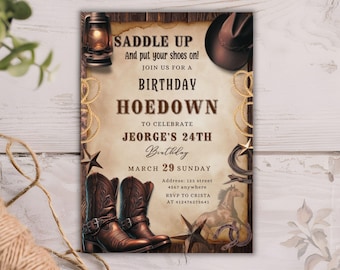 Modello di invito per festa di compleanno Western Hoedown modificabile, invito per compleanno Rodeo, invito per compleanno Cowboy, sali in sella e mettiti le scarpe