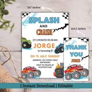 Monster Truck Pool Party Invitation & Thank You Tag | Editable Kids Birthday Template | Summer Splash Bash Invite | Digital Download