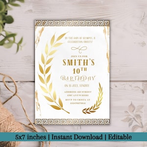 May include: A white birthday invitation with gold accents and text. The invitation includes the text "Smith's 10th Birthday" and other event details. The invitation is 5x7 inches.