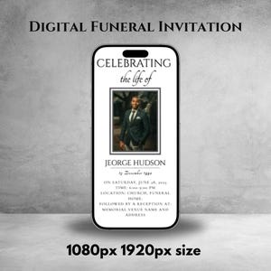 Modello di invito digitale per funerali, invito per celebrazione della vita, invito telefonico commemorativo modificabile, invito tramite messaggio di testo elettronico