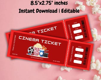 Peut inclure: Deux modèles de billets de cinéma imprimables rouges avec un graphique de bobine de film, de popcorn et de lunettes 3D. Les billets mesurent 8,5 pouces sur 2,75 pouces et sont modifiables. Le texte sur les billets indique "Cinema Ticket" et "Ticket no: 0125437868".