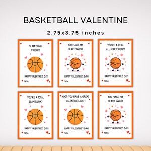 May include: Set of six Valentine's Day cards with basketball themes. Each card, measuring 2.75 x 3.75 inches, features a basketball graphic and a Valentine's Day message. The cards have an orange border and include phrases like "Slam Dunk Friend!" and "You Make My Heart Swish!"