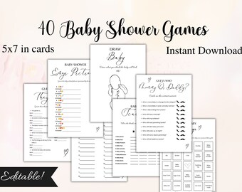 May include: A set of 40 baby shower games, printed on 5x7 inch cards. Games include "Draw Baby", "Guess Who Mommy or Daddy?", and "Baby Bingo". The words "Instant Download" and "Editable!" are also visible.