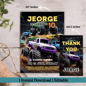 Monster Truck Pool Party Invitation & Thank You Tag | Editable Kids Birthday Template | Summer Splash Bash Invite | Digital Download