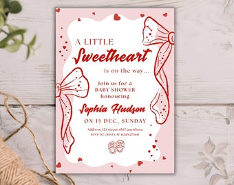 A Little Sweetheart Baby Shower Invitation, Pink Bow Baby Shower Invitation, Heart Baby Shower Invitation, Valentine Baby Shower Invite