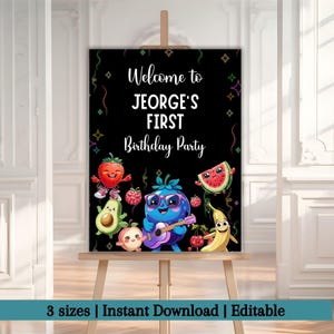 Hey Bear Sensory Welcome Sign, Dancing Fruit Birthday welcome Poster, Hey Bear Birthday, Editable Canva Template
