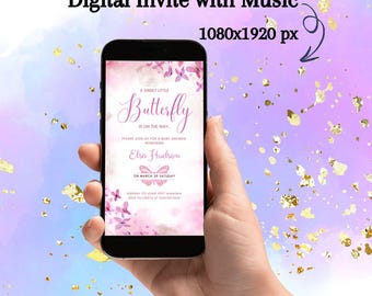 May include: A digital invitation for a baby shower with a pink and white butterfly design. The text reads "A sweet little Butterfly is on the way." The invitation is for Elsa Hudson on March 29th.