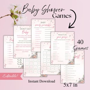 Pode incluir: Um conjunto de jogos de chá de bebê imprimíveis com designs florais. Os jogos incluem "Não diga bebê", "Embaralhar palavras de bebê", "O que está na sua bolsa" e "Adivinhe quem é o bebê". Os jogos medem 5x7 polegadas e são editáveis.