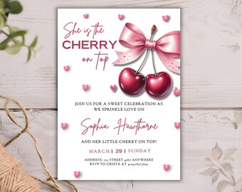 Cherry Baby Shower Invitation, Editable Cherry on top Invitation Template, Coquette Invitation, Pink Bow with Berries Baby Shower Invite