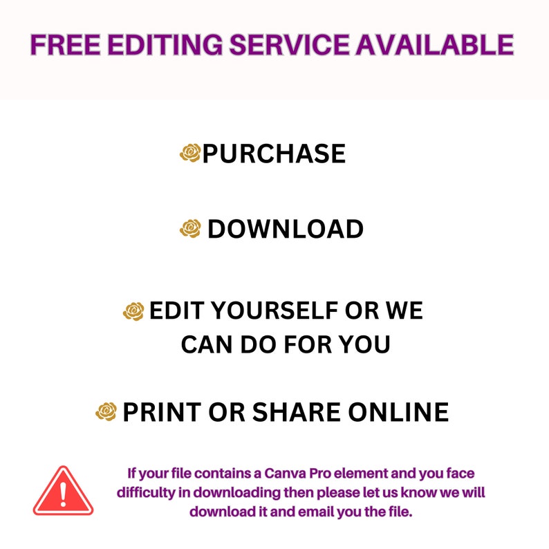 May include: A purple and white graphic with the text "FREE EDITING SERVICE AVAILABLE" and a list of options: "PURCHASE", "DOWNLOAD", "EDIT YOURSELF OR WE CAN DO FOR YOU", and "PRINT OR SHARE ONLINE". There is a warning icon with an exclamation point and text that reads: "If your file contains a Canva Pro element and you face difficulty in downloading then please let us know we will download it and email you the file."