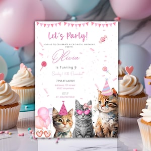 Faire-part d'anniversaire chat, paw-ty, invitation imprimable chaton, invitation numérique, invitations pour animaux de compagnie, modèle de carte modifiable pour enfants