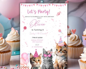 Cat Birthday Invitation, Paw-ty Birthday Invite, Printable Kitten Invite, Digital invitation, Pet invitations, Editable Kids Template card