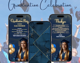 Invito di laurea blu e oro/Evite digitale per la classe del 2025/Ecard animata per feste/Modello modificabile per festeggiamenti universitari e liceali